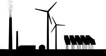 black and white image of wind turbines, solar panels and towers