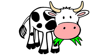 Cartoon cow chewing green grass