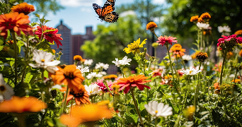 a biodiversity image of flowers with a butterfly flying above and a city scape in the background