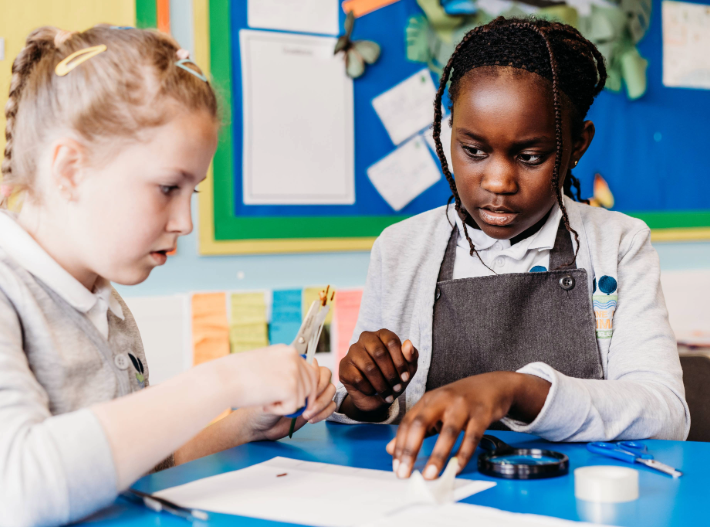 two primary children dissecting a flower