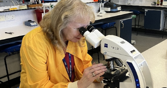 Dr Elisabeth Curling, Senior Lecturer in Biosciences, looking through a microscope in a laboratory setting